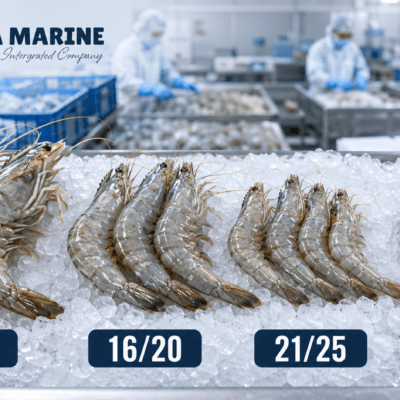 Frozen Black Tiger and Vannamei prawns arranged by count size grades
