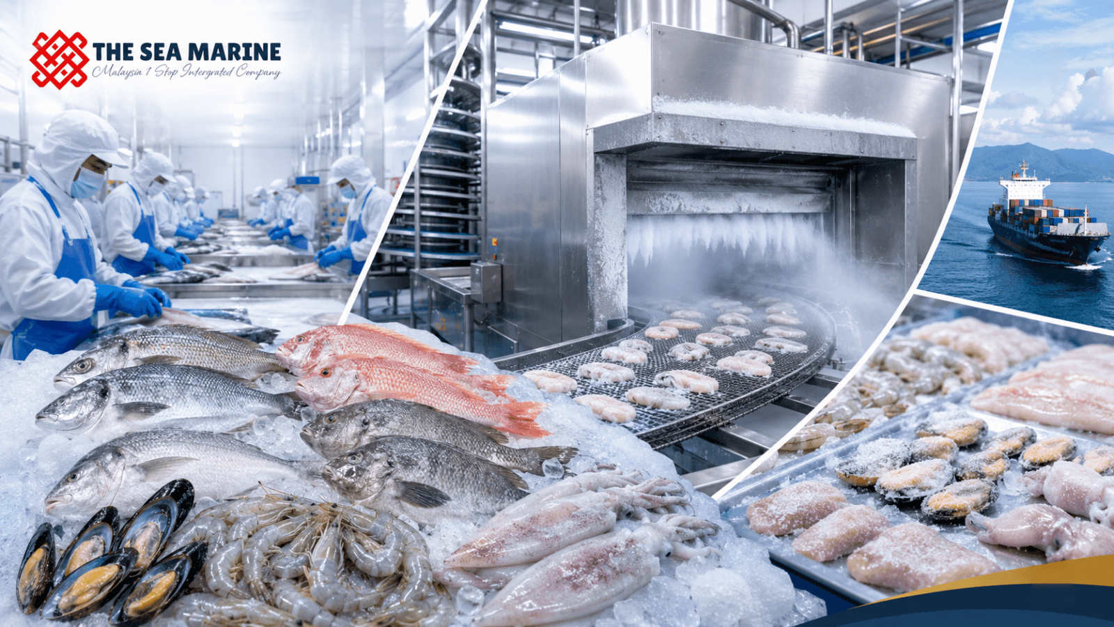 IQF seafood processing with individually frozen fish fillets and prawns