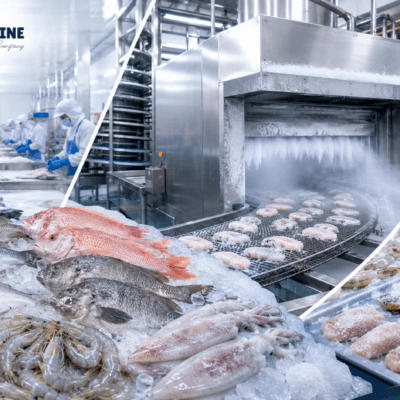 IQF seafood processing with individually frozen fish fillets and prawns